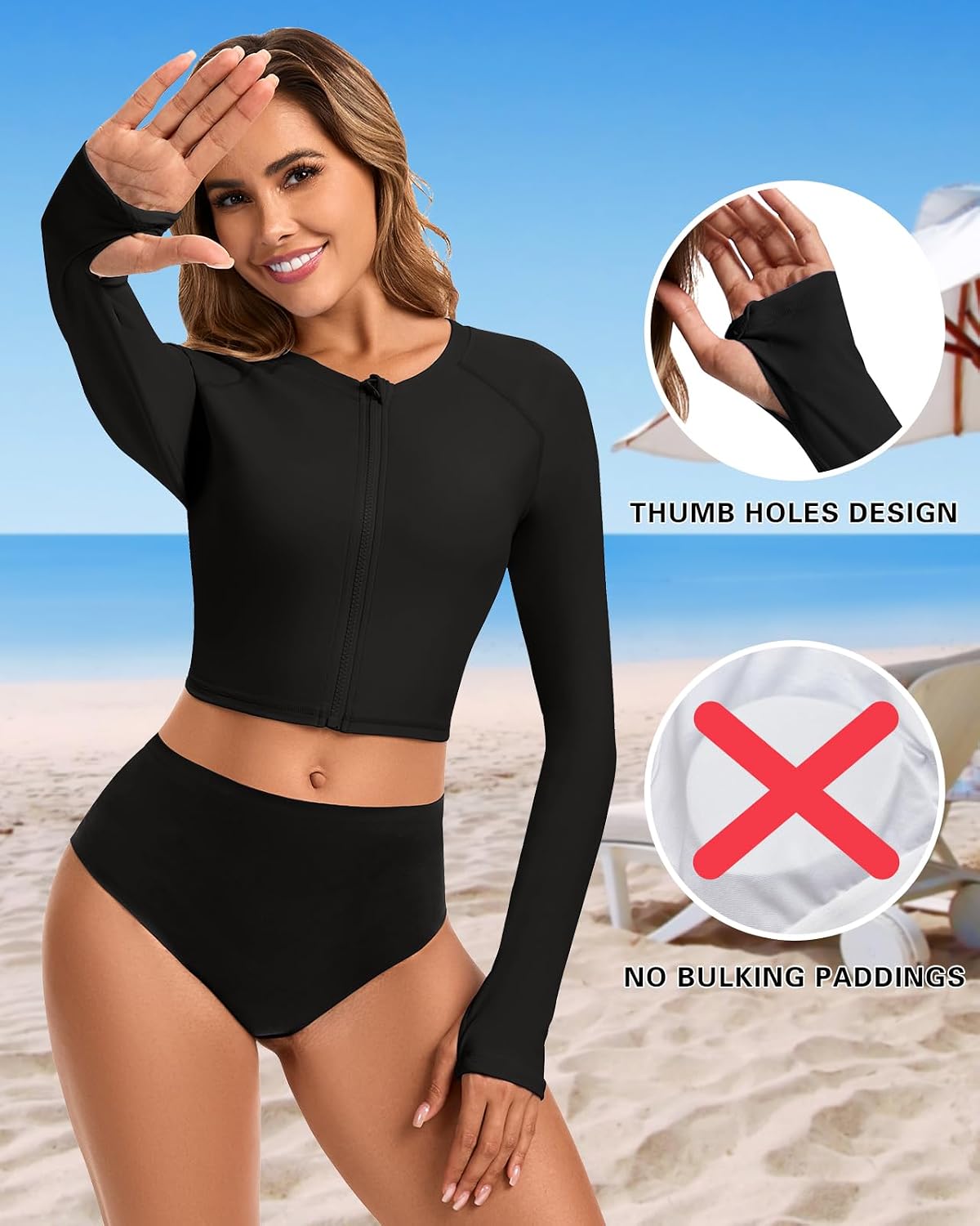 WOWENY Cropped Rash Guard Shirts for Women Long Sleeve with Thumb Holes UPF50+ Surfing Swimsuit Top No Bottom
