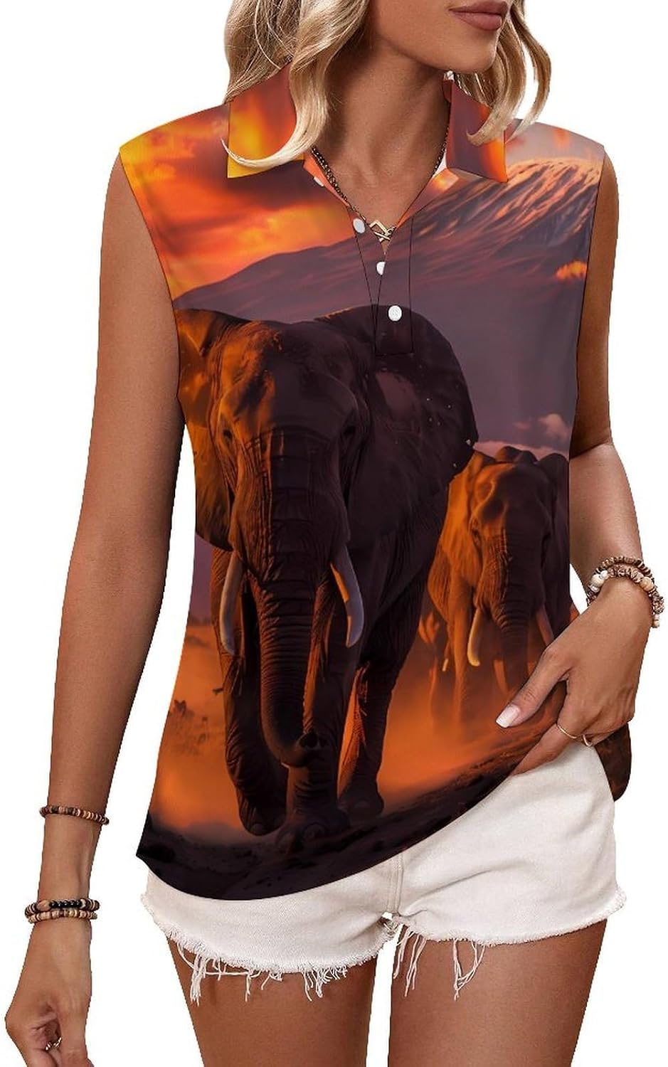 Elephant Herd Mount Kilimanjaro Women Sleeveless Collared Golf Polo Shirt | V Neck Tank Top,Breathable Tennis Shirts