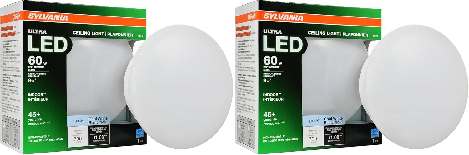 Sylvania Ultra LED Porcelain Ceiling Light Fixture, 60W : 9W, Energy Star, Non-Dimmable, Medium Base, 4000K, Cool White - 2 Pack (75081)