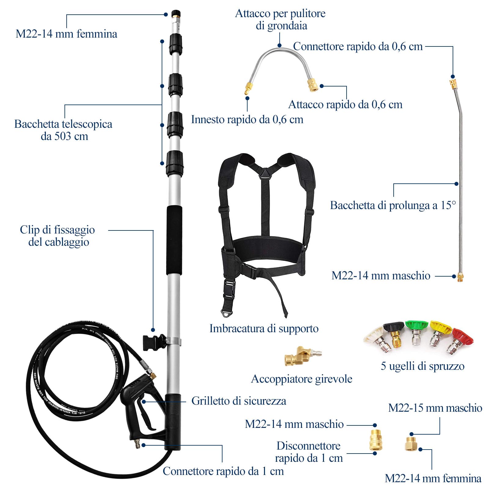 RELAX4LIFE Kit di Prolunga per Idropulitrici 550 cm 290 Bar, Telescopica per Idropulitrice, Attrezzo per la Pulizia con 5 Ugelli 2 Adattatori, Accoppiatore Girevole e Imbracatura di Supporto