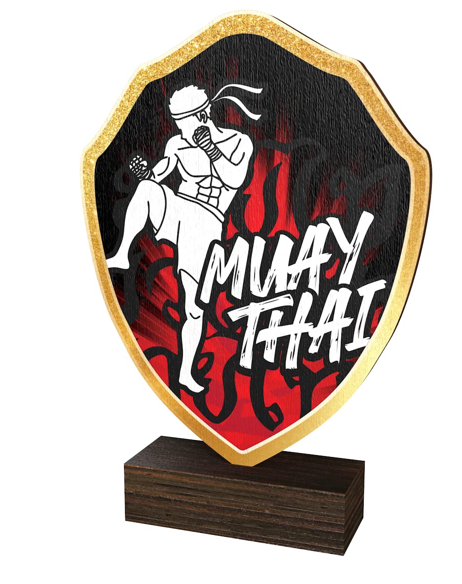 Trophy Monster Real Wood Muay Thai Kick Boxing Trophy Shield Gold, Silver or Bronze | FREE Engraved Plate | Made from Sustainable Printed 8mm Thick Birch Plywood | Buy in 8 Sizes