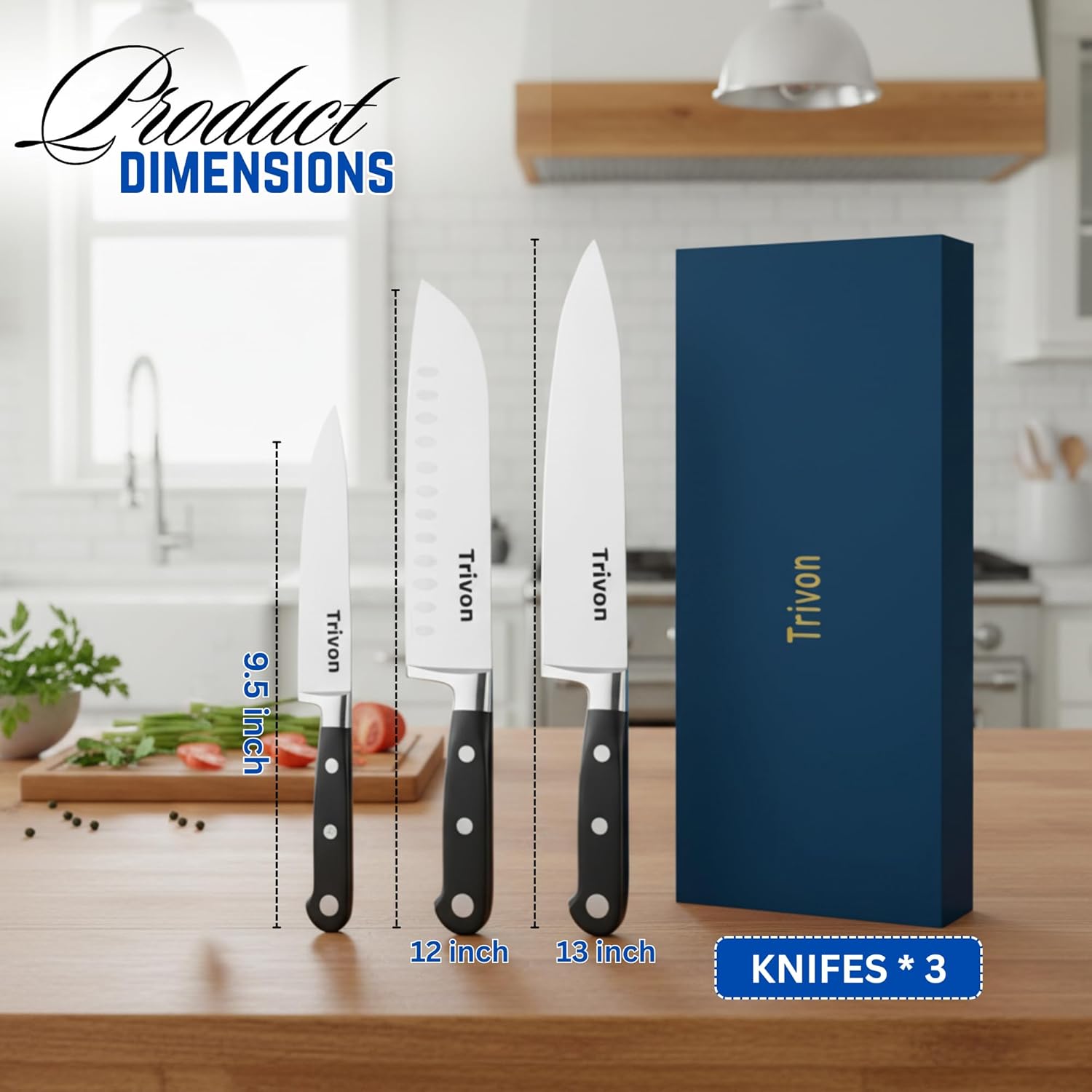 Trivon Kitchen Knife Set with Gift Box – 3-Piece Professional Chef Knife Set, Japanese High-Carbon Stainless Steel Ultra-Sharp Cooking Knives 8" Chef Knife + 7" Santoku + 5" Utility Knife - Image 2
