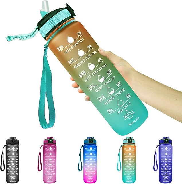 Imarcado 1 litre Motivational Sport Water Bottles with Straw Leakproof BPA Free Plastic Reusable Water Drinks Bottle for Sports Gym Men Women Adults Kids School Office Home, 1 litre water bottle