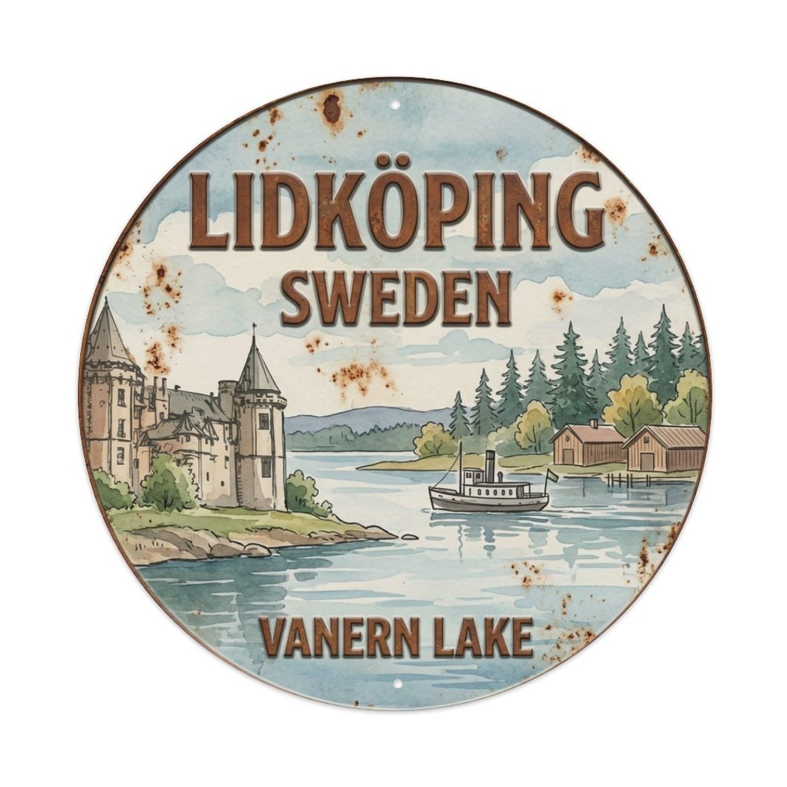 Vintage Travel Lidkoping Sweden Lakeside Metal Tin Sign