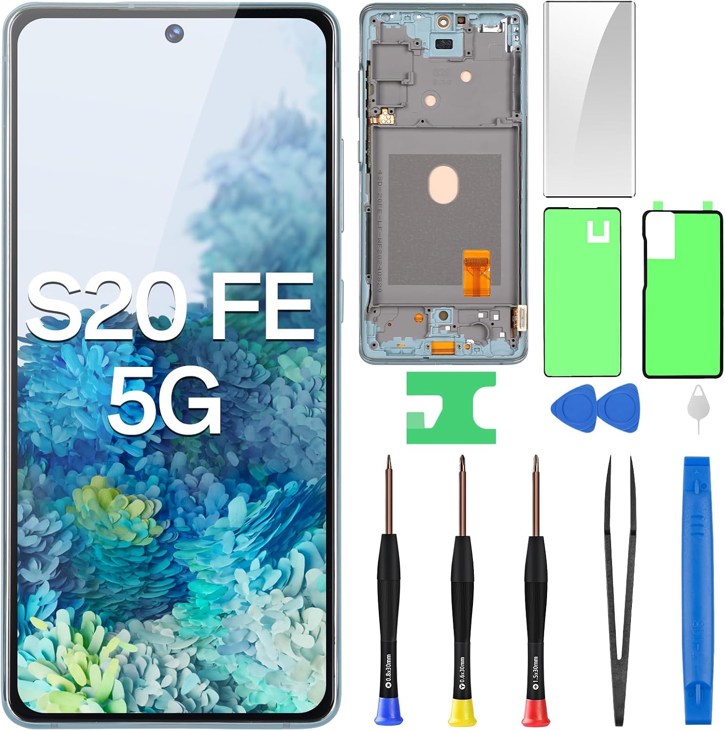 AMOLED Screen Replacement for Samsung Galaxy S20 FE 5G OLED Display Touch Digitizer Full Assembly with Cloud Mint Frame and Side Button Glass Repair Tools Kit SM-G781U SM-G781U1