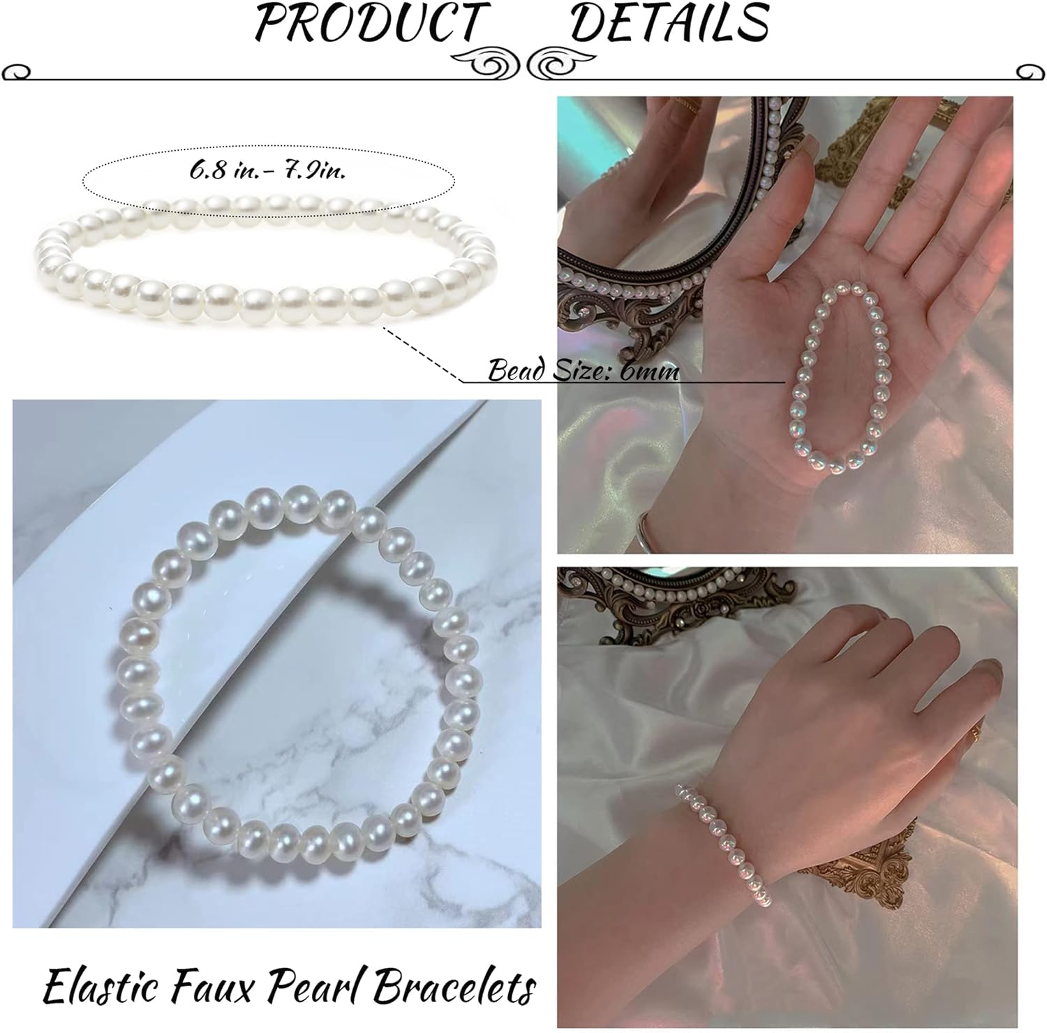MOZAKA 30 Pieces 6mm/8mm Faux White Pearl Bracelets for Women Stackable Stretch Beaded Bracelets Simulated Pearl Bracelet Set for Bridesmaid Bridal Wedding Party Jewelry - Image 3