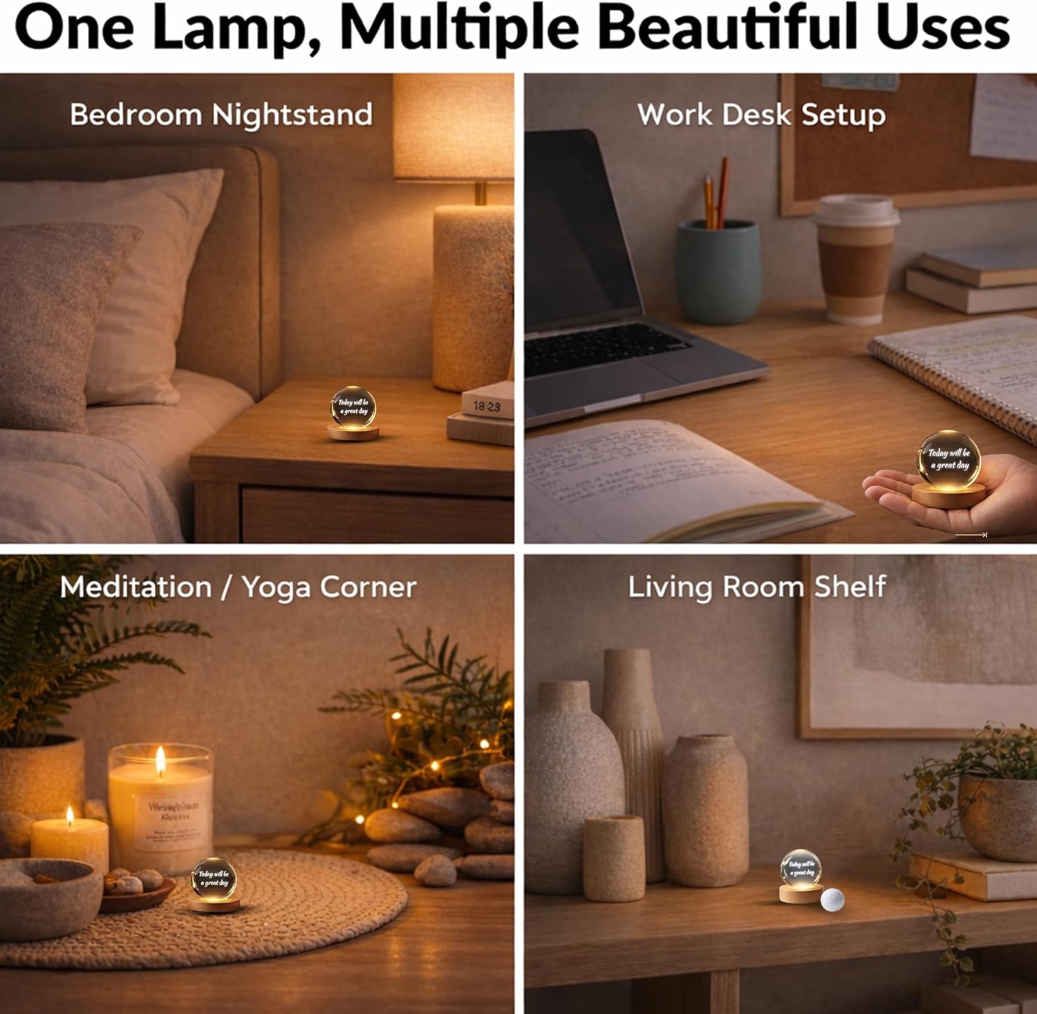 LED Crystal Ball Night Light | Inspirational Quote Crystal Sphere | Motivational Desk Lamp for Bedroom & Office | Elegant Crystal Light for Bedroom Decor & Meditation | 2.5 Inch Clear