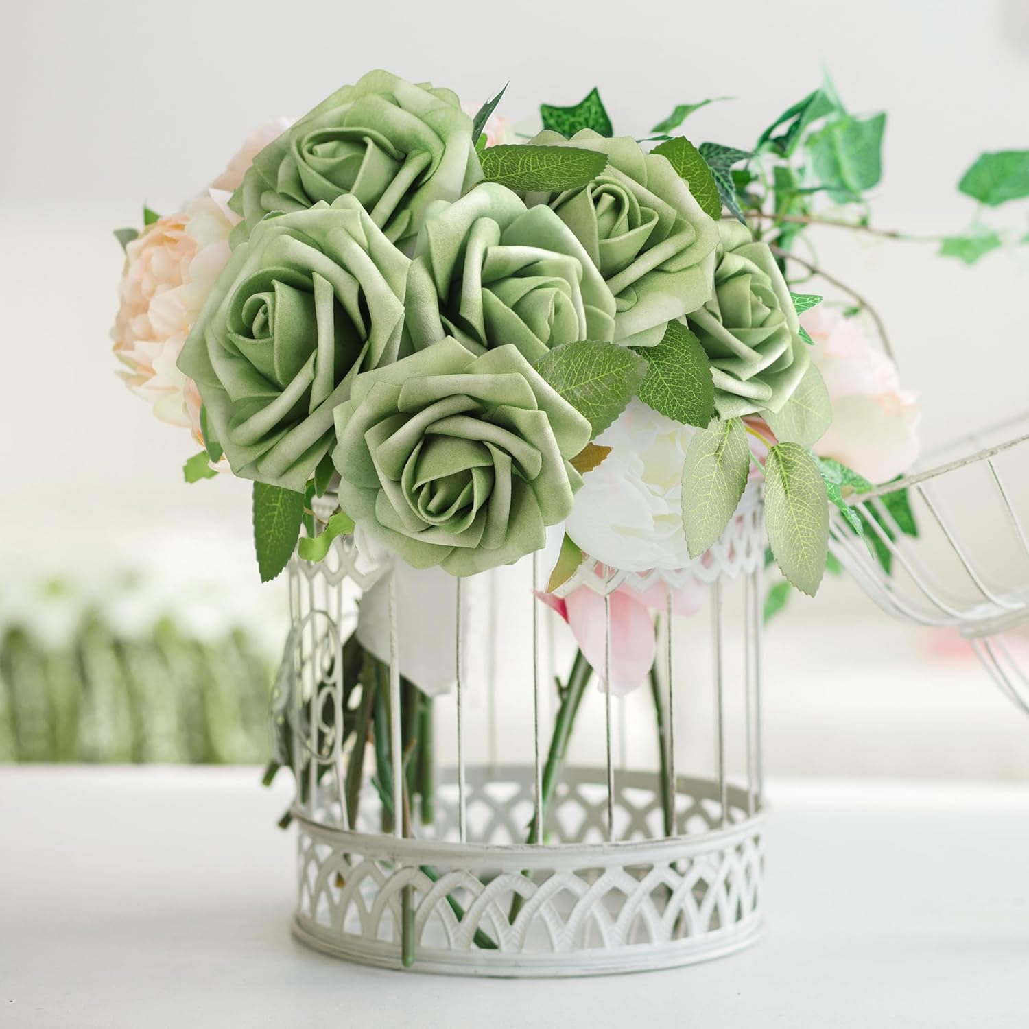 Mocoosy 50Pcs Rose Artificial Flowers, Sage Green Fake Roses for Decorations, Real Touch Elf Green Foam Roses with Stems DIY Wedding Bouquet Bridal Shower Centerpieces Floral Arrangements Home Decor - Image 4