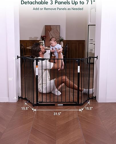 Miniatura 7 de Puerta extra ancha para bebé, puerta para perros para escaleras de casa, chimenea, 3 paneles de metal, color negro