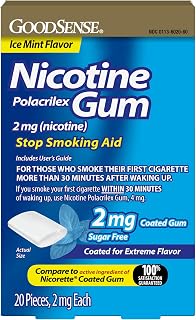 GoodSense Coated Nicotine Polacrilex Gum, 2 mg (Nicotine), Stop Smoking Aid, Ice Mint Flavor, 20 Count