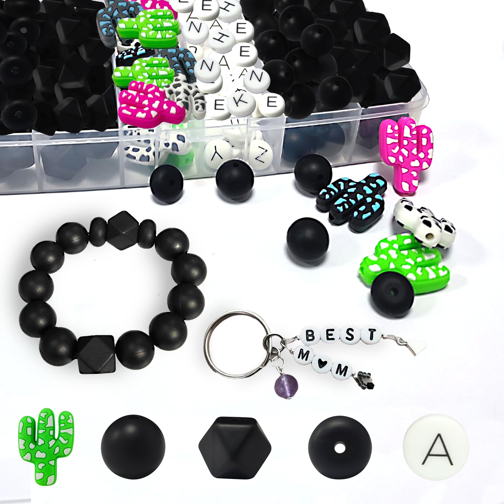 99-Piece Silicone Bead Set - 60 Black Beads in 3 Shapes, Alphabet & 5 Extra Vowels, 8 Cactus Beads in 4 Colors - Ideal for DIY Projects