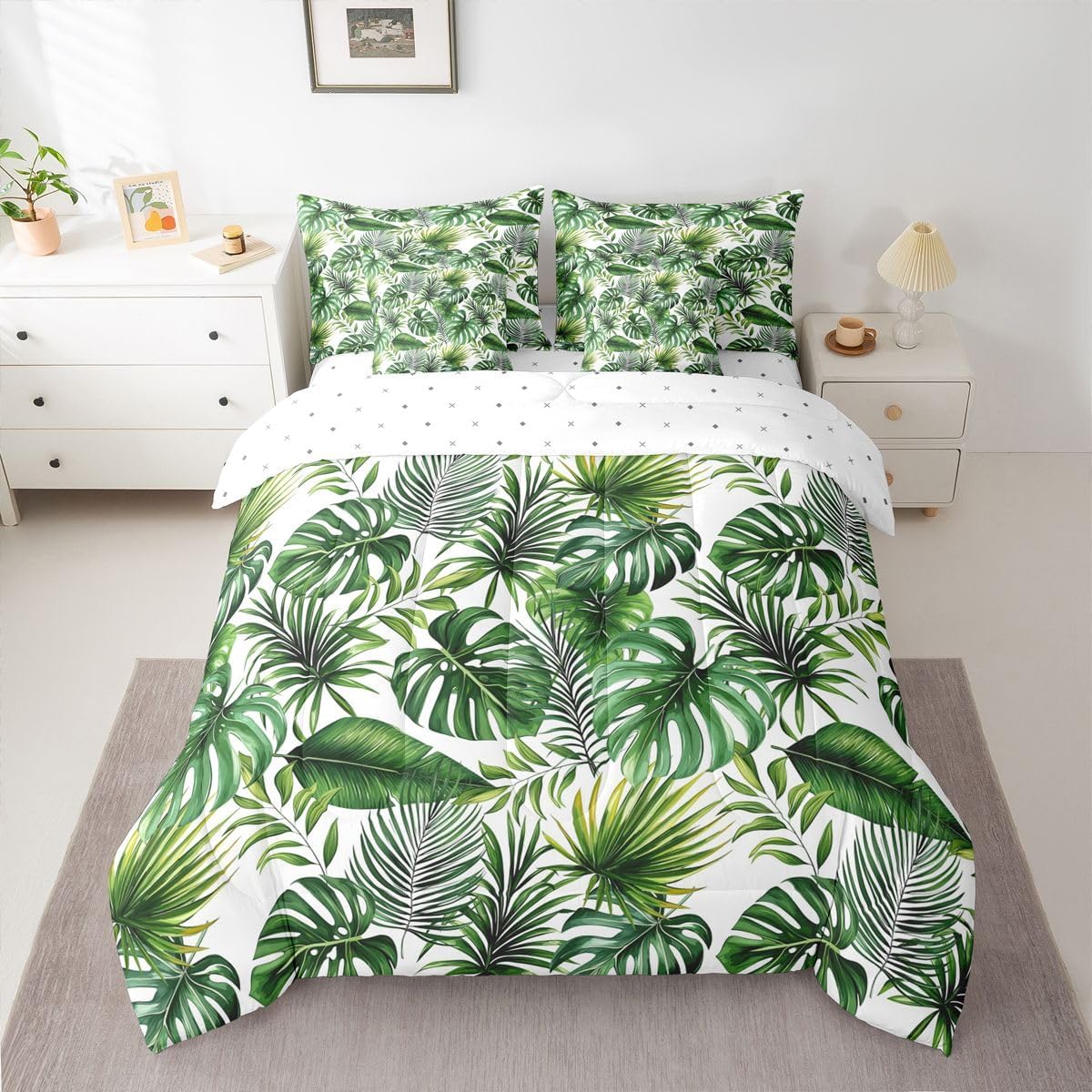 Erosebridal Palm Leaves Comforter Set Hawaiian Bed in A Bag Queen Size 7 Pieces Monstera Banana Leaves Bed Set Room Decor Summer Tropical Bedding with Sheets