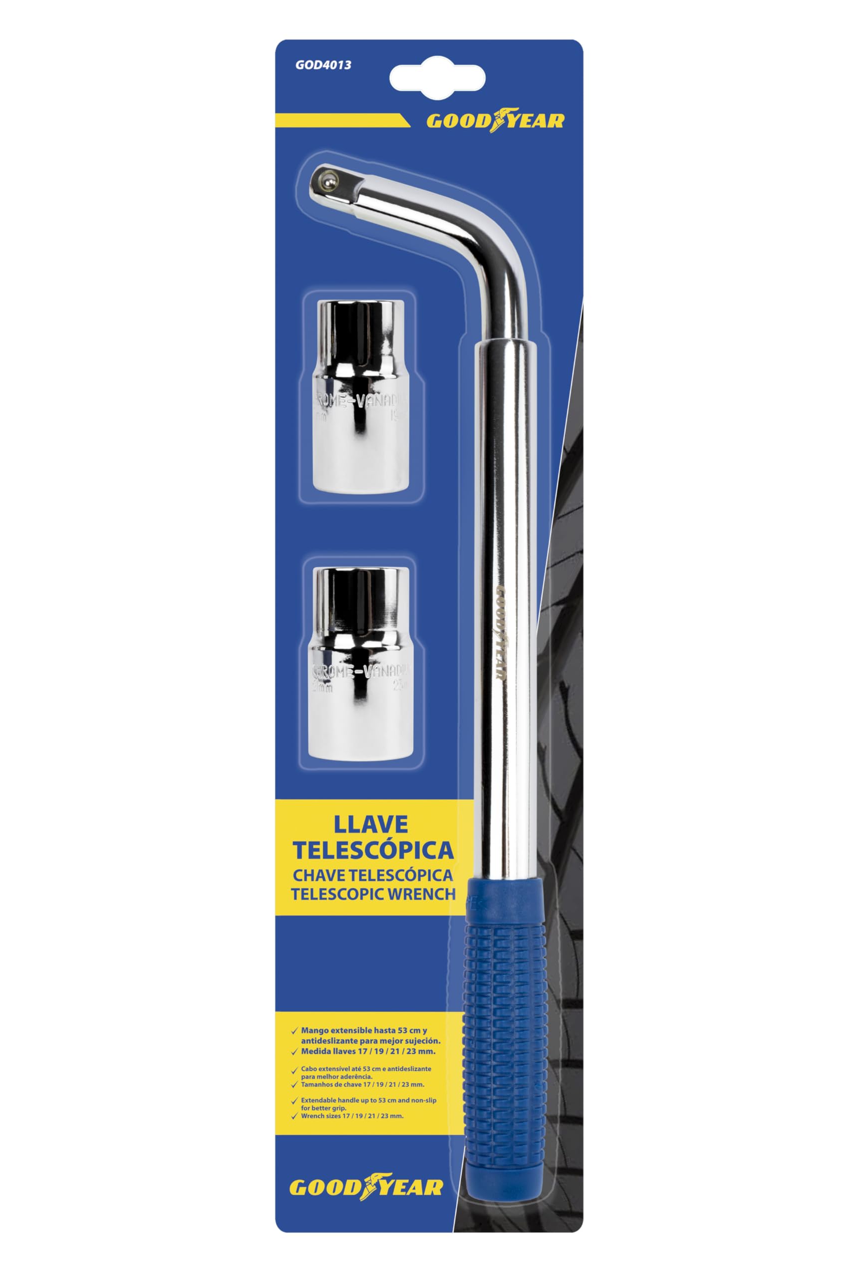 Goodyear Chiave per ruote telescopica Estendibile da 17 mm / 19 mm / 21 mm / 23 mm. Con impugnatura ergonomica. Facile e confortevole.