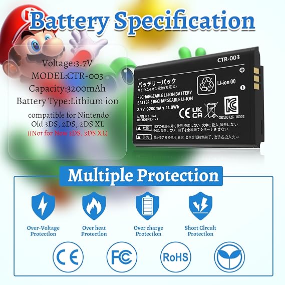 3DS Battery Pack [3200mAh] (2026 New Upgraded),CTR-003 Battery Compatible with Nintendo 3DS N3DS,2DS, 2DS XL CTR-001 MIN-CTR-001 Gaming Console with Tool Kit (Not for New 3DS, 3DS XL)