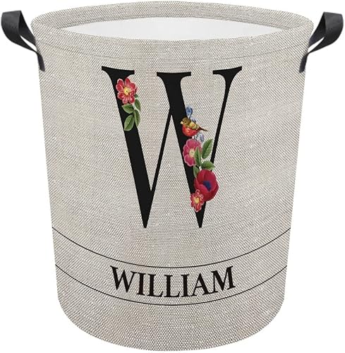 Miniatura 10 de MALIHONG Cesta de lavandería con inicial floral personalizada, monograma, nombre personalizado, flores y pájaros, cesta de ropa plegable de tela,