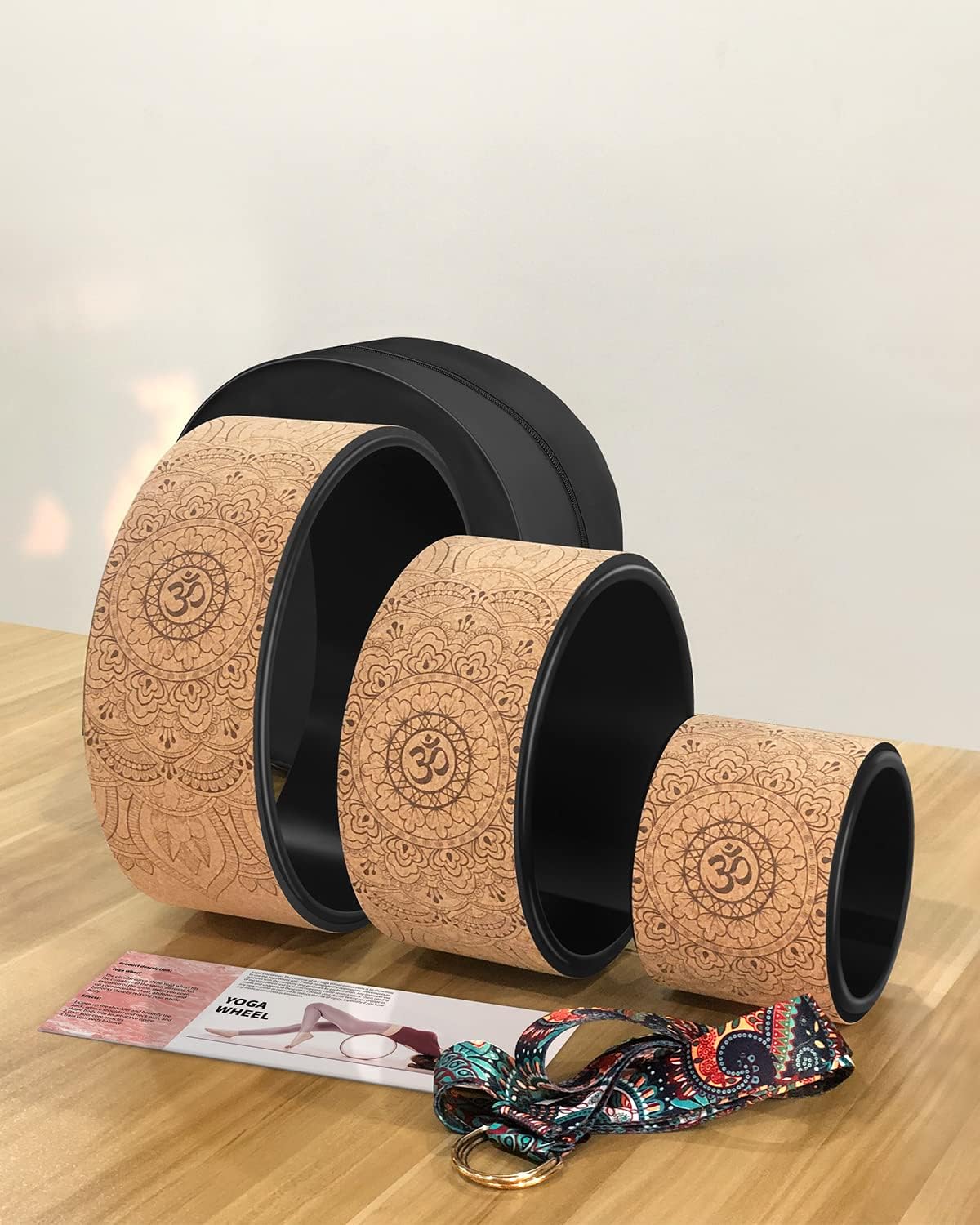 Yoga Wheel Cork, Stretching Back Roller for Improving Mobility, Non-Slip Yoga Circle Wheel for Backbends Pain Relief Massages Muscle Pilates Relaxation Balance with Resistance Bands and Bag