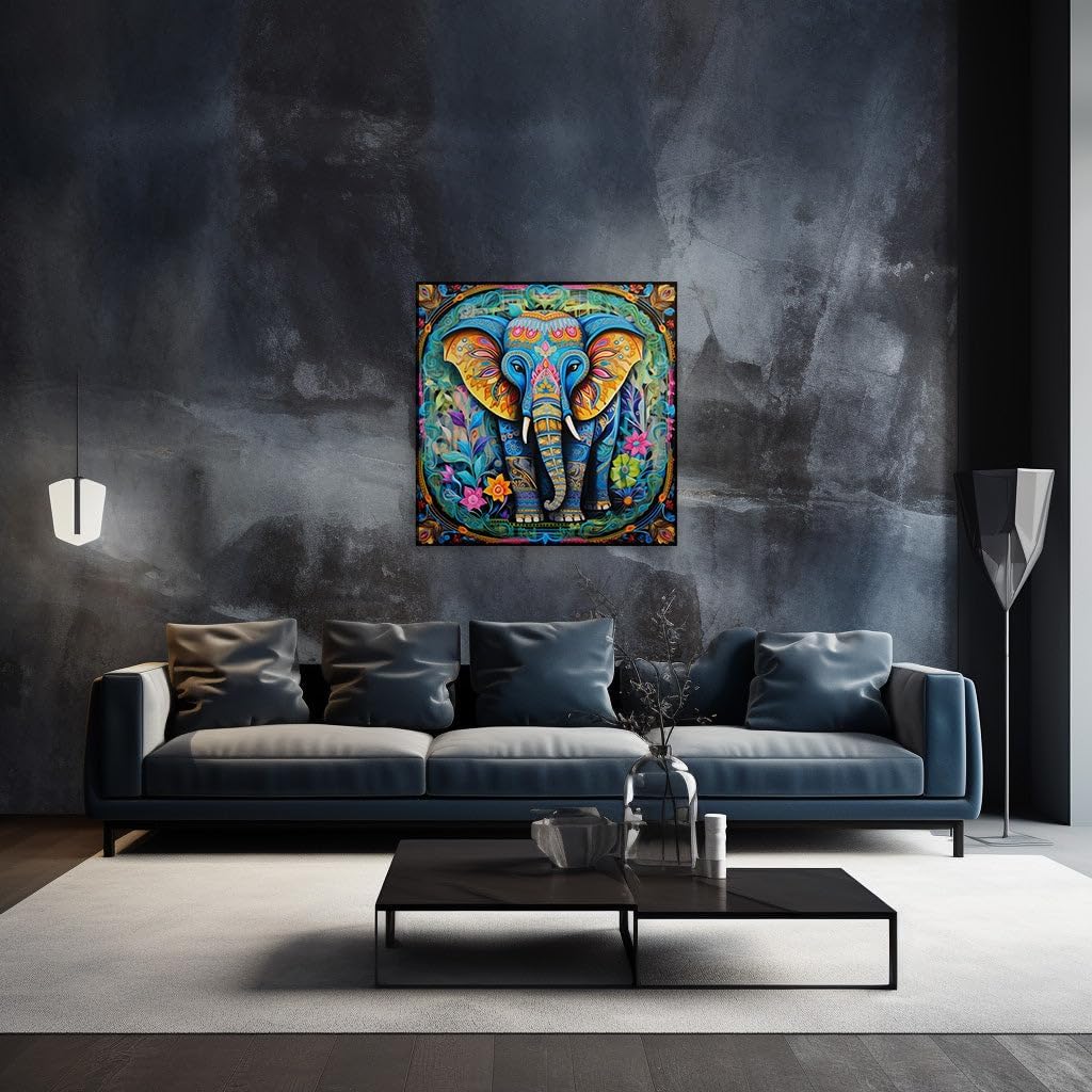 Canvas for Living room. A Symphony of Colors: The Majestic Elephant Amidst a Floral Wonderland, 27 x 18 inch Canvas Wall Art - Ready to Hang - 69x46 cm (27x18 inch)