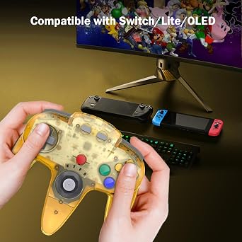 KIWITATA Wireless N64 Controller for Switch Console, 2.4GHZ N64 Remote Joystick Game Controller Compatible with Switch(1,2), Raspberry Pi, MAC, Windows 7/8,10,11 Clear Yellow