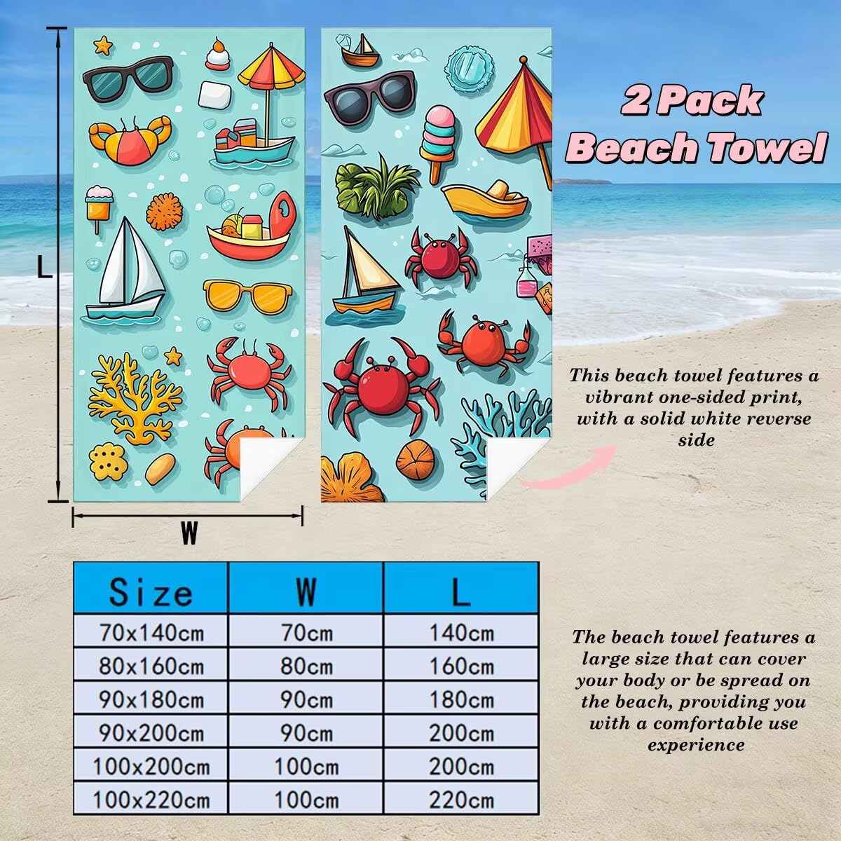 Serviette de Plage Microfibre, Lot de 2 Serviette de Bain Grande Taille 90x180 cm, Séchage Rapide Drap de Bain Crabe, Anti Sable Serviettes de Plage, Serviettes Microfibre Sport pour Travel -4778