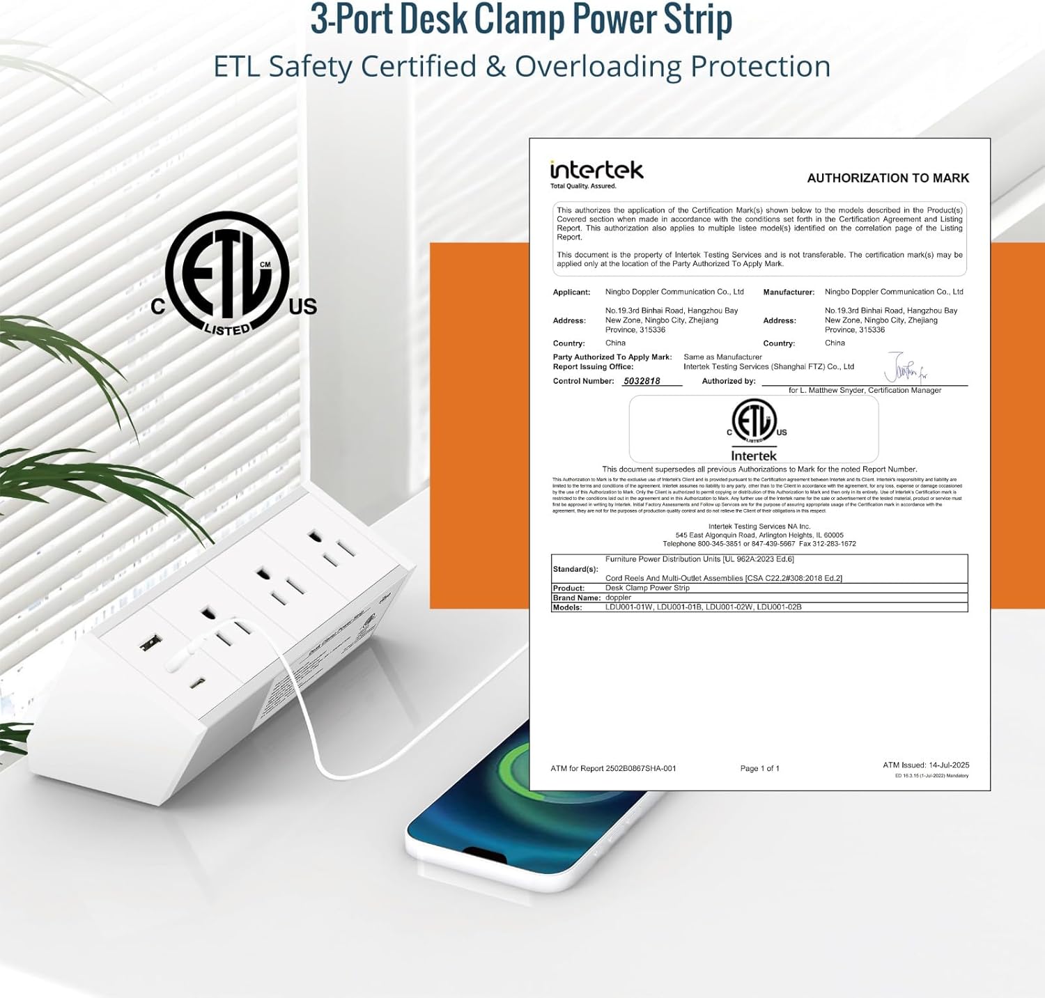 Tecmojo Desk Clamp Power Strip 3 Outlet with 1 USB A and 2 USB C Ports, 6 ft Cord, Desk Outlet Station Fit 1.6" Tabletop Edge, ETL Listed, White