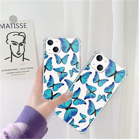 Blue Butterfly Case for iPhone 13, Transparent Shockproof TPU Bumper Protective Cover Case with Air Cushion & Shock Absorption