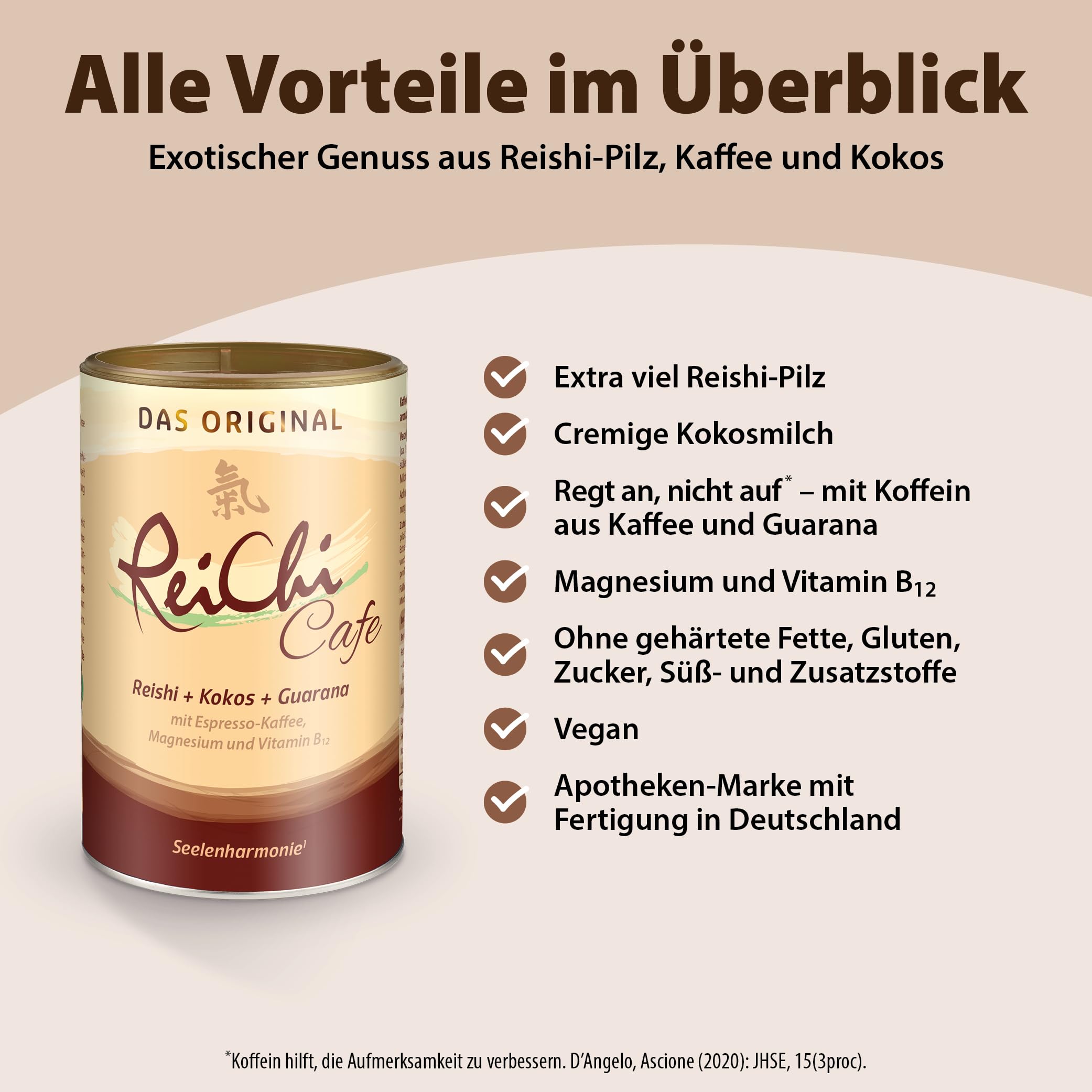 ReiChi Cafe 400 g | exotischer Kaffee-Genuss | Reishi-Pilz, Ginseng & Kokos | Koffein aus Guarana und Kaffee | Magnesium + B12 | Pilzkaffee | Gut für die Nerven und weniger Müdigkeit** | vegan