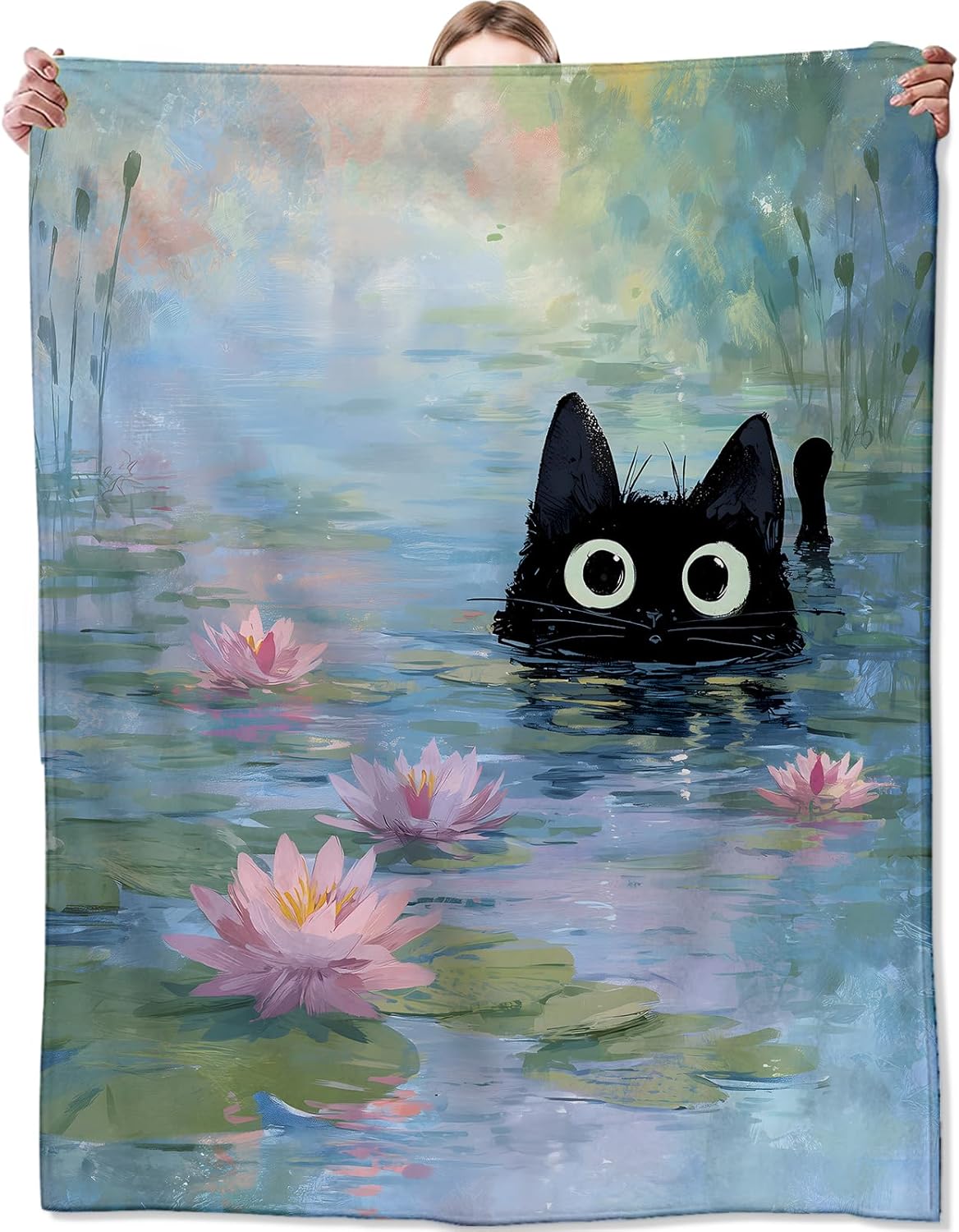 Cute Cat Flannel Blanket, Soft Cozy Throw with Kitten and Lily Pond, Lightweight Blankets for All Seasons, Oil Painting Dreamy Floral Home Sofa Bed Decor and Gifts for Women Girls, 50x60 Inch