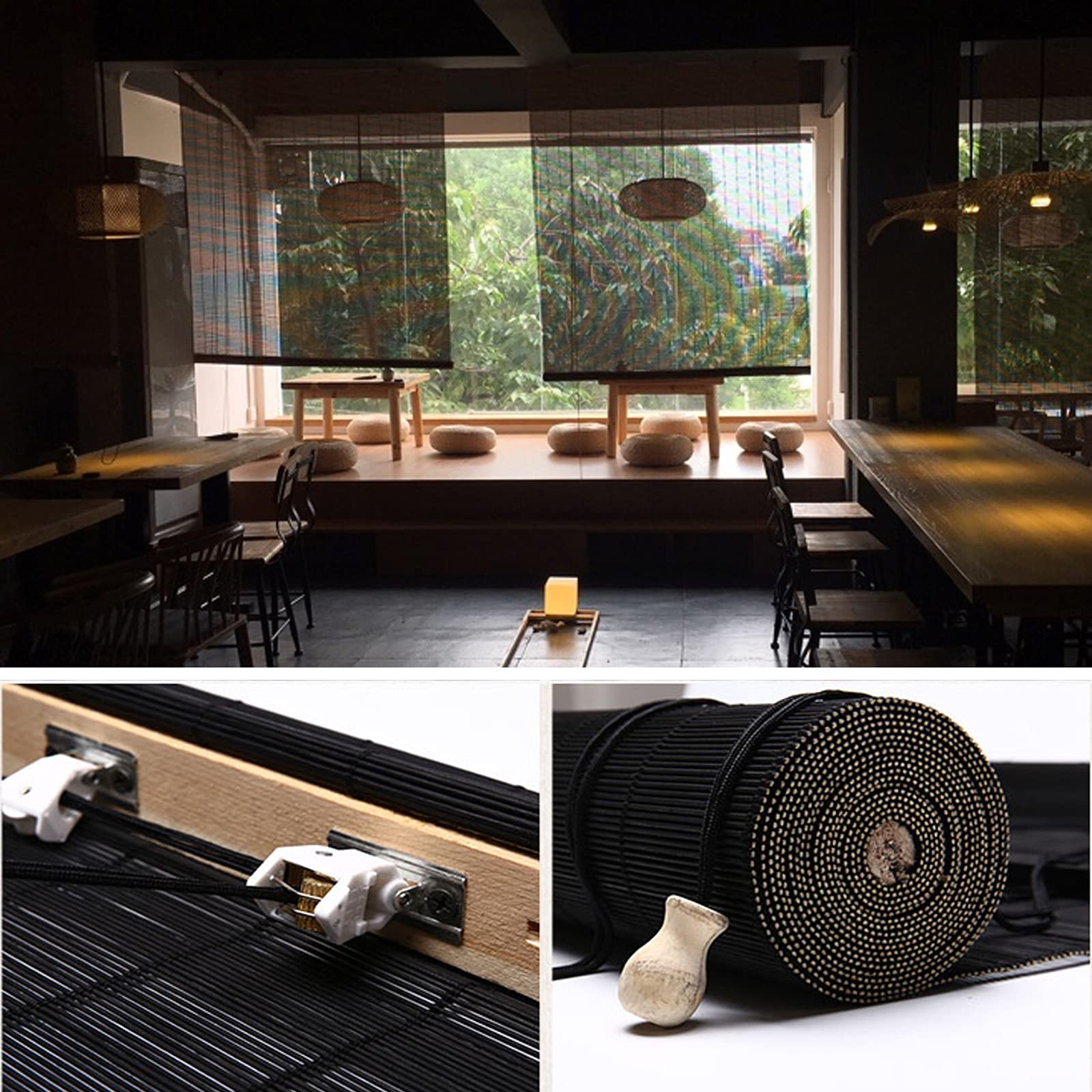 Natür Bambus Rollo Bambusrollo,Büro Seitenzug Fensterrollo,Holz Jalousine,Retro Raffrollo Faltrollo,lichtdurchlässig und verdunkelnd Wandmontage Sichtschutz,60% Blackout,Schwarz (W100xH250cm/39x98in)