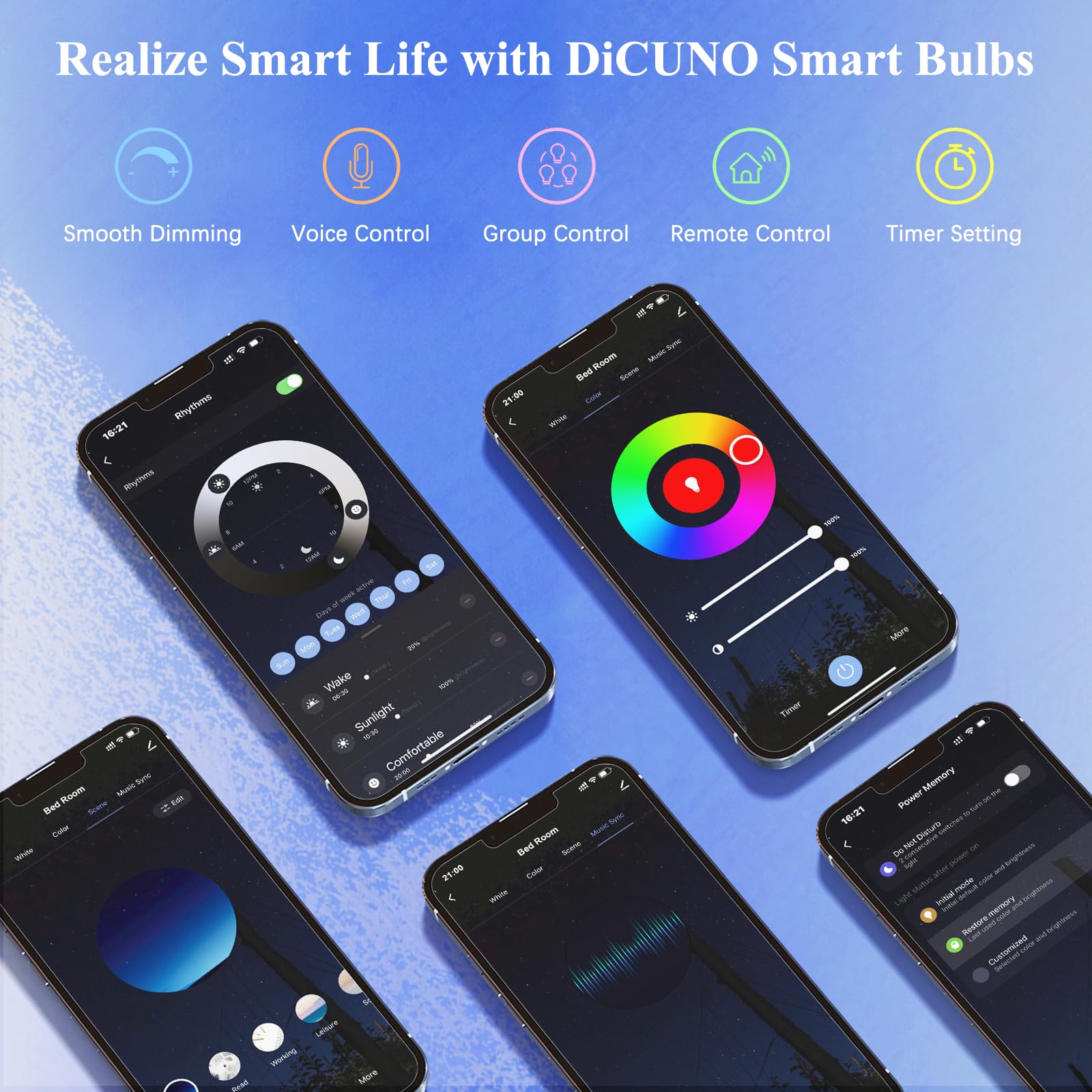 DiCUNO Bombilla conectada led, Bombilla WiFi led inteligente E27 Compatible con Alexa y Google Home, Baioneta 9W regulable Multicolor 2700K-5000K RGBCW, 800LM, Sin Hub Necesario, Lote de 2