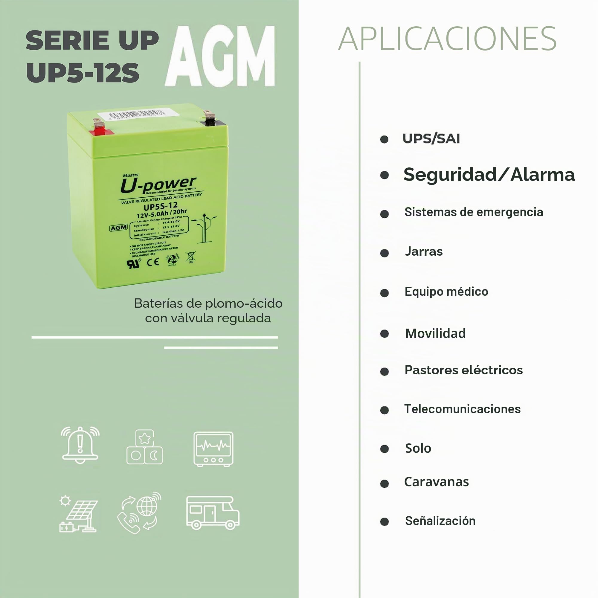 U-Power Batería AGM 12V 5Ah Sellada Recargable – Plomo-Ácido VRLA para Alarmas, SAI/UPS, Seguridad, Juguetes Eléctricos y Más – Terminal Faston F1 (4.8 mm) (Paquete de 4)