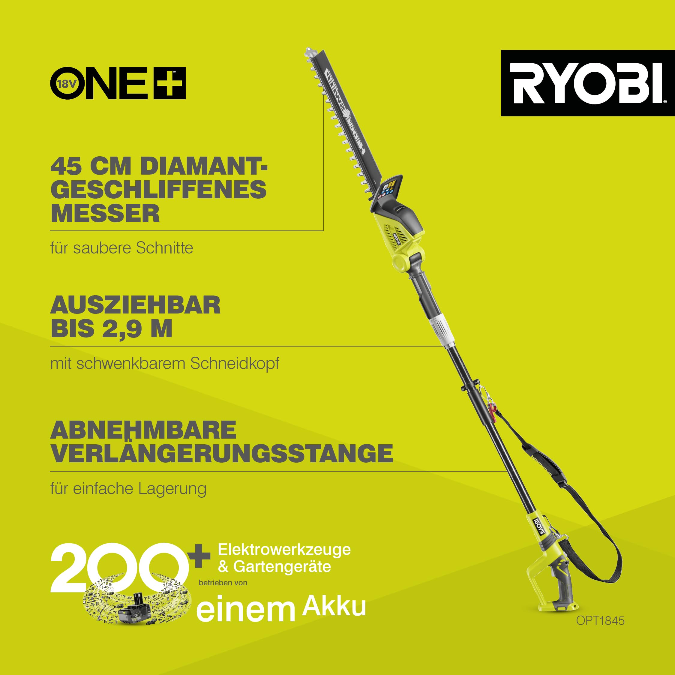 RYOBI 18 V ONE+ Akku-Teleskop-Heckenschere OPT1845, 45 cm Diamant-Messer