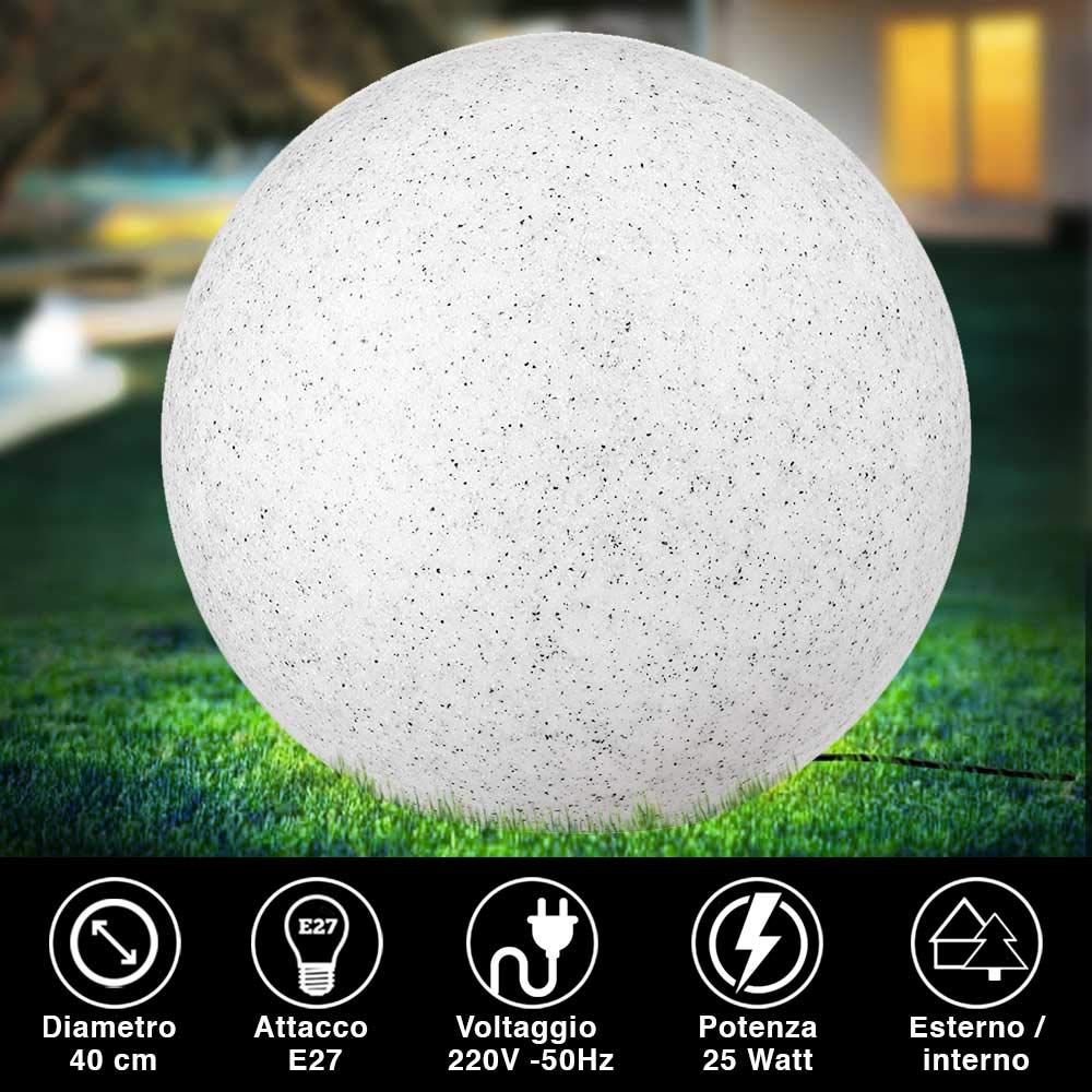 BAKAJI Lampada Design Sfera da Giardino Diametro 40 cm Luce Illuminazione Esterno da Terra o Tavolo Attacco E27 Lampadina Max 35 W Decorazione Effetto Pietra con Picchetti di Fissaggio Terreno