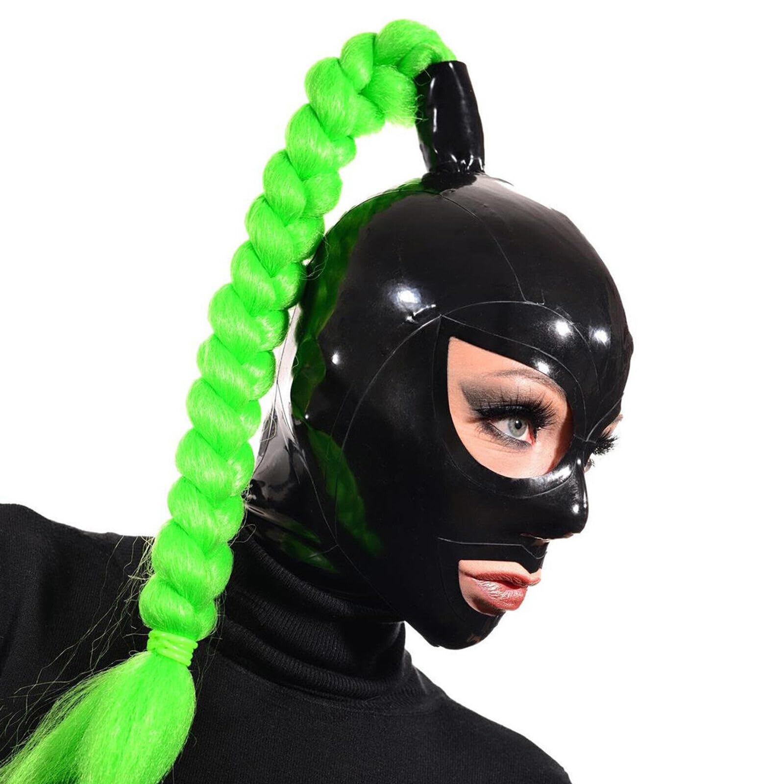PRLBESL Latex Hood Halloween Fetish Full Face Mask with Wig Handmade for Cosplay Costume Headdress Open Mouth(Size:S-63CM)
