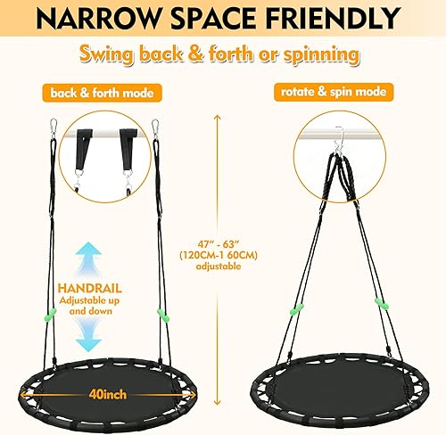 Miniatura 4 de Columpio redondo negro con asas, hecho de marco resistente, tapete de polipropileno, cuerdas ajustables de múltiples hebras, seguro y duradero para