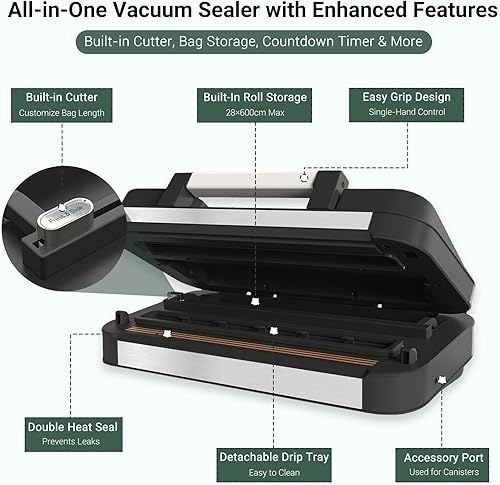 Miniatura 4 de Máquina selladora al vacío de 95 kPa, potente sistema de sellado de alimentos 10 en 1 de doble bomba con doble sellado térmico, cortador integrado y