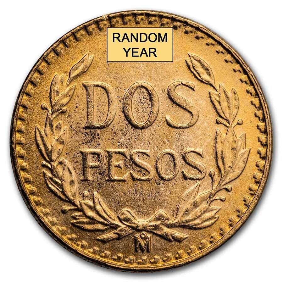1919-1948 Mo Dos Peso Mexican 90 Percent Gold Coin. A Small Historical Mexico Gold Coin 0.0482oz. Dos Peso Graded By Seller Circulated Condition