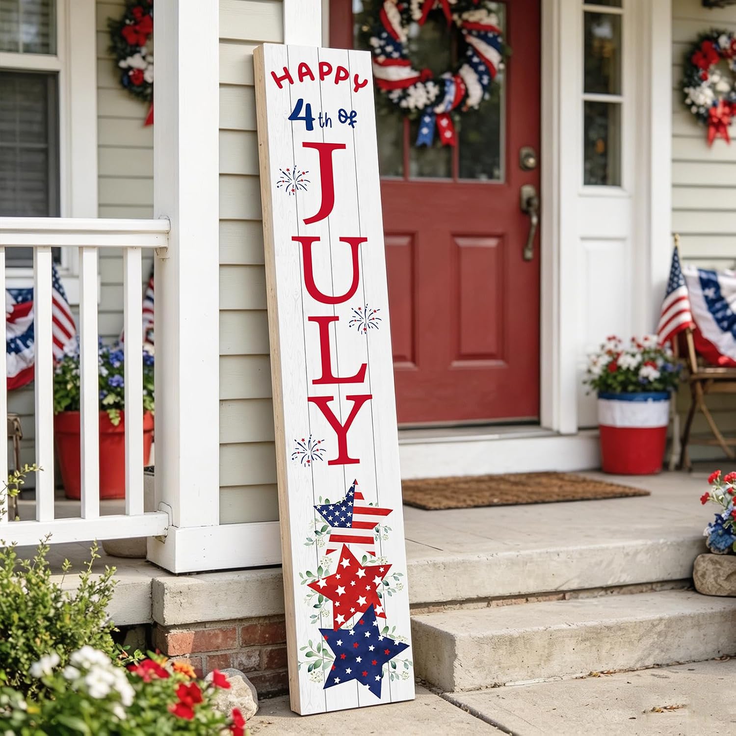 YUNKKIN 4th of July Porch Decorations Outdoor 4th of July Decorations Patriotic Pentagram Memorial Day Fourth of July Wooden Porch Sign Door Decor Indoor Outside Welcome Sign for Front Door 46.8 Inch