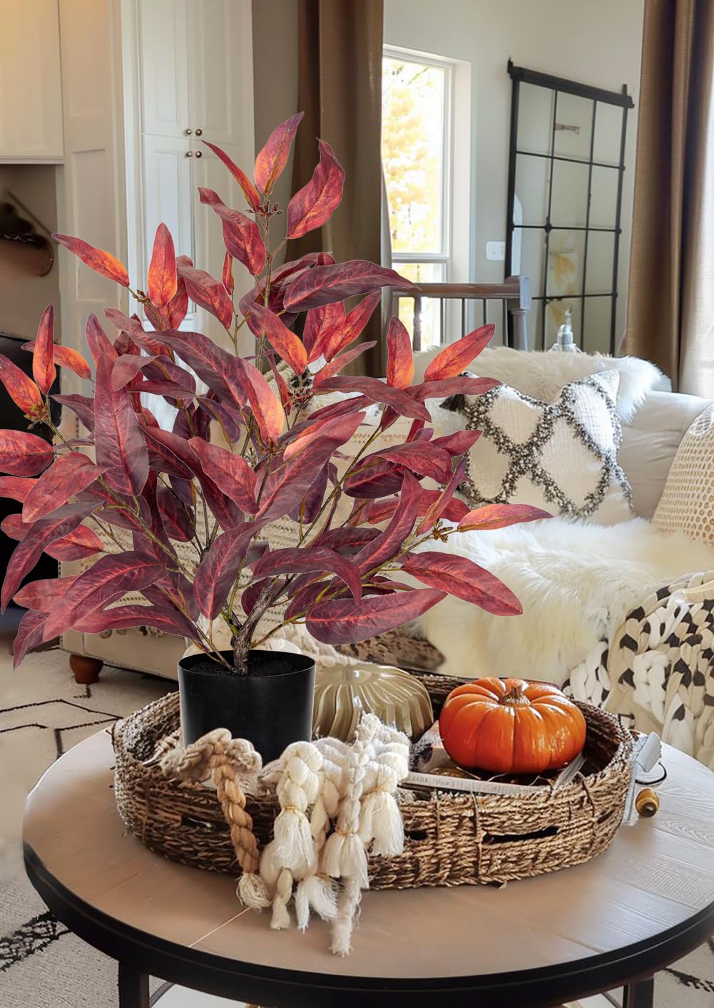 Briful Pianta artificiale con foglie bordeaux in cesto, alta 48,9 cm, pianta di eucalipto in vaso con foglie rosso intenso, vaso nero classico, decorazione autunnale da tavolo per casa, ufficio