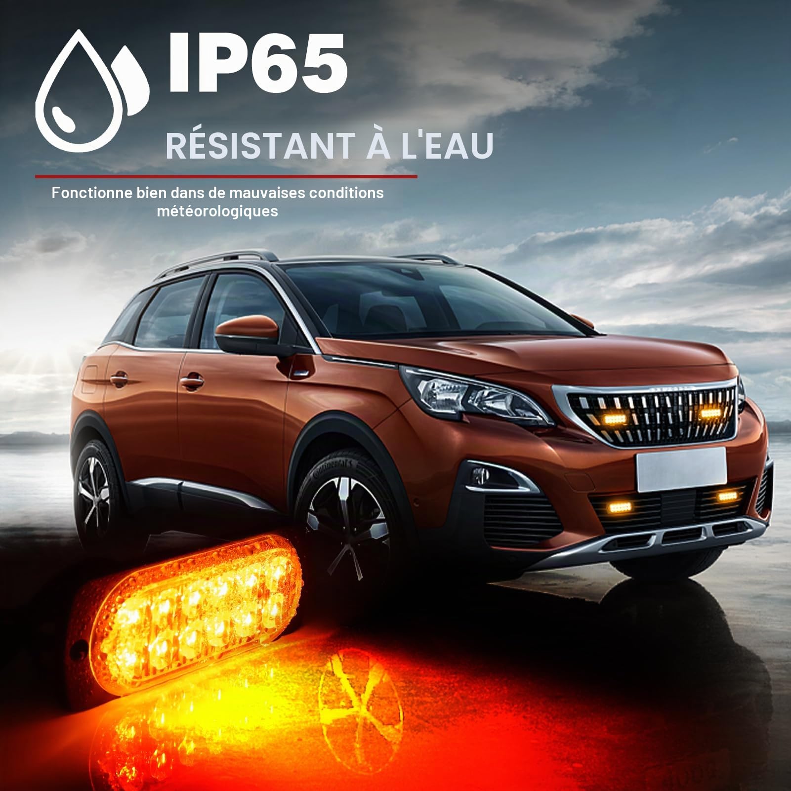 Lot de 4 Lampes de détresse avant pour voiture à 12 LED, stroboscopique, orange, 12V, avertissement clignotant avec 15 modes de flash, pour camion, véhicule, tracteur, accessoire, IP65