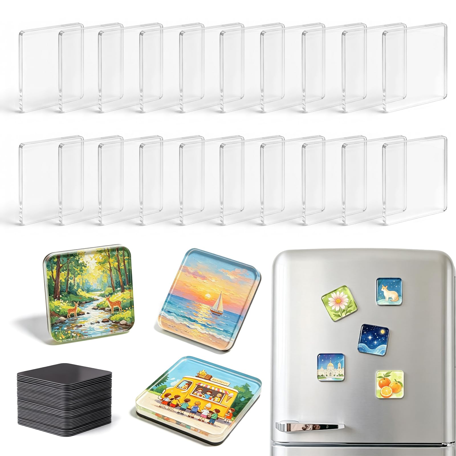 Photo 1 of 20Pack 2x2 Inch Clear Acrylic Magnets with Strong Adhesive Backing, Clear Acrylic DIY Fridge Magnets Set, Easy Peel & Stick Square Photo Frames for DIY Fridge, Whiteboard, Scrapbooking