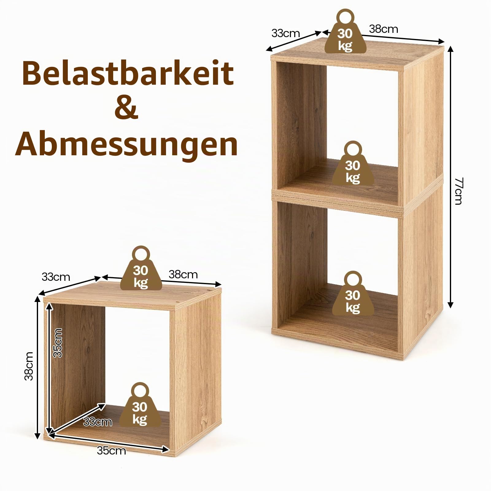 KOMFOTTEU 2er Regalwürfel, Stapelbare Aufbewahrungswürfeln Holz, Bücherregal Cuberegal mit Kippschutz, Würfelregal 38x33cm freie Kombination, Quadratisches Regal für Wohnzimmer Schlafzimmer Büro