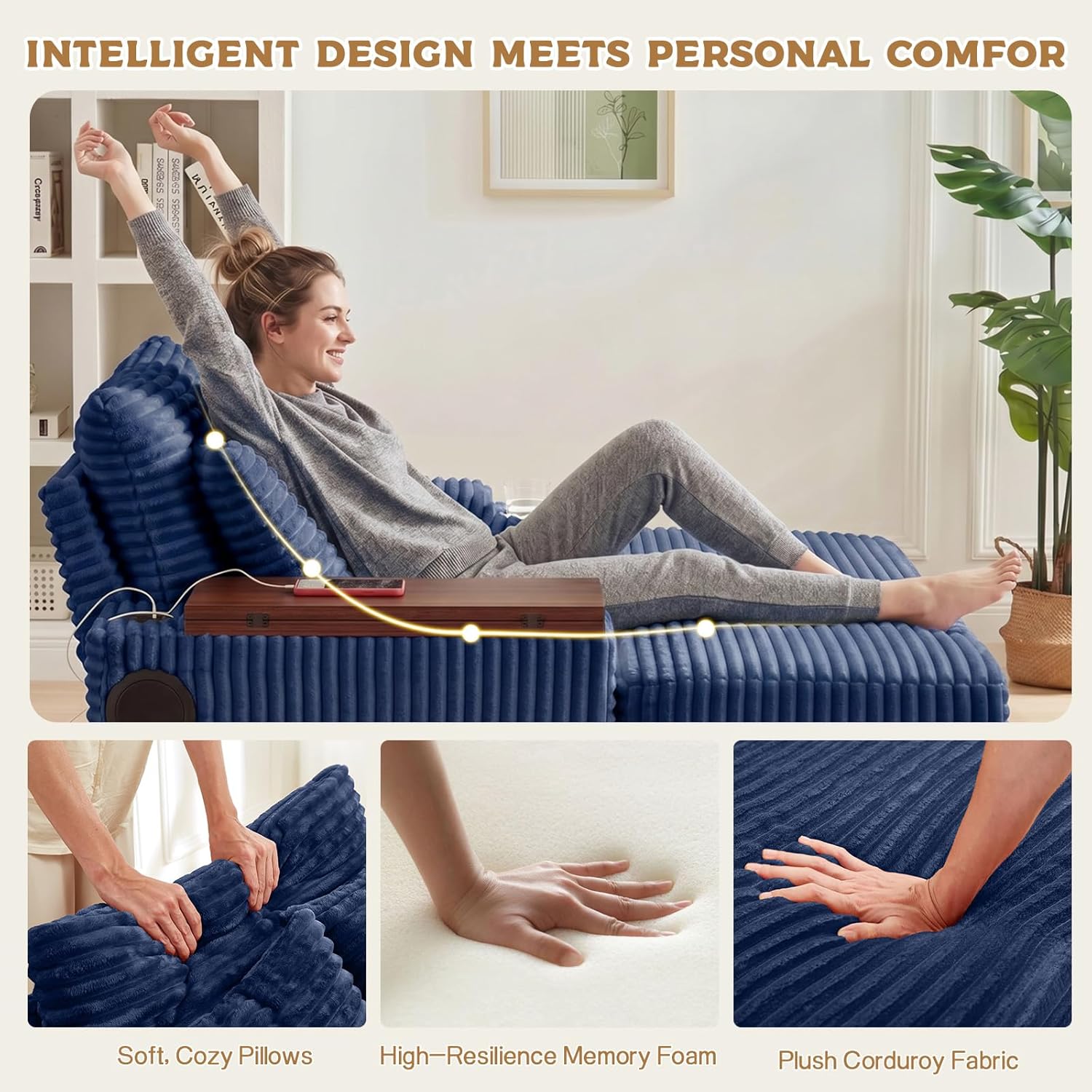 Oversized Chaise Lounge Chair Indoor, 54" Sleeper Sofa Bed with 180°Rotating Table Board & Bluetooth Speaker Cloud Couch Cup Holder Reading Chair Upholstered for Living Room Bedroom, Blue