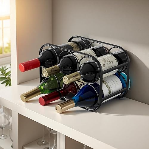 Miniatura 5 de Buruis Estante de vino para 6 botellas, soporte de metal moderno para encimera de vino, para cocina, despensa y armario, no requiere montaje, negro