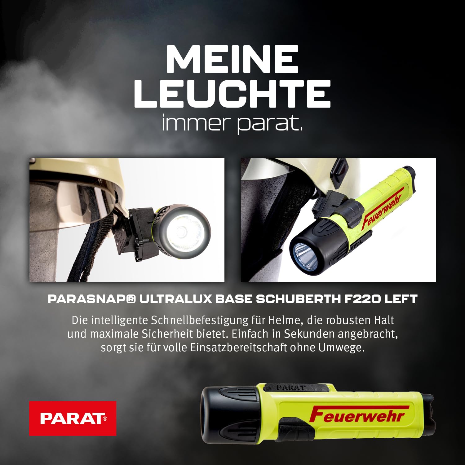 PARAT PARALUX® PX1 FEUERWEHR Set für Schuberth F200/F220 Links | LED Arbeitsleuchte mit 120 Lumen | EX-geschützte LED Taschenlampe | Wasserdichte Helmlampe | inkl. Batterien, Adapter & Halterung