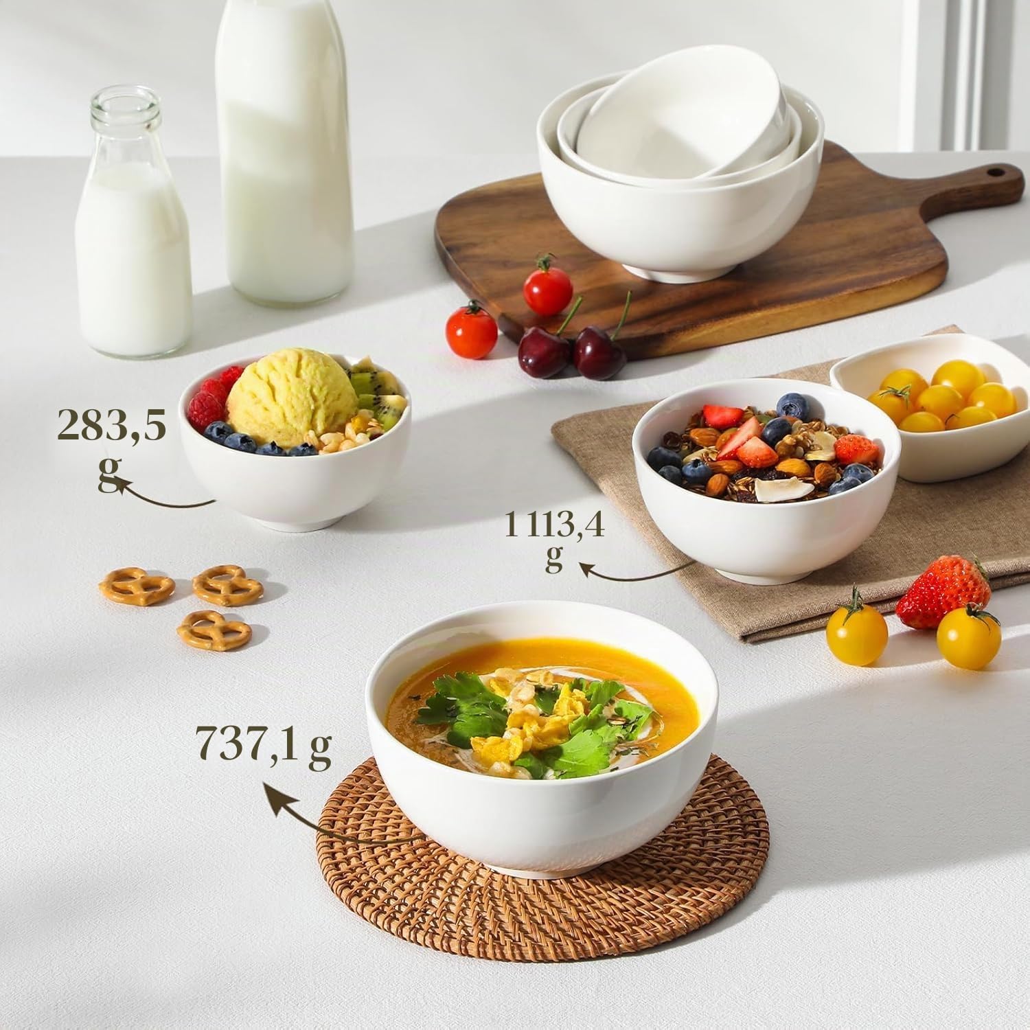 MALACASA Serie REGULAR, 6 Ciotole per Cereali in Porcellana Bianca da 780 ml, Ciotole Rotonde per la Colazione (15,2 cm), Ideali per Zuppe, Insalate e Riso