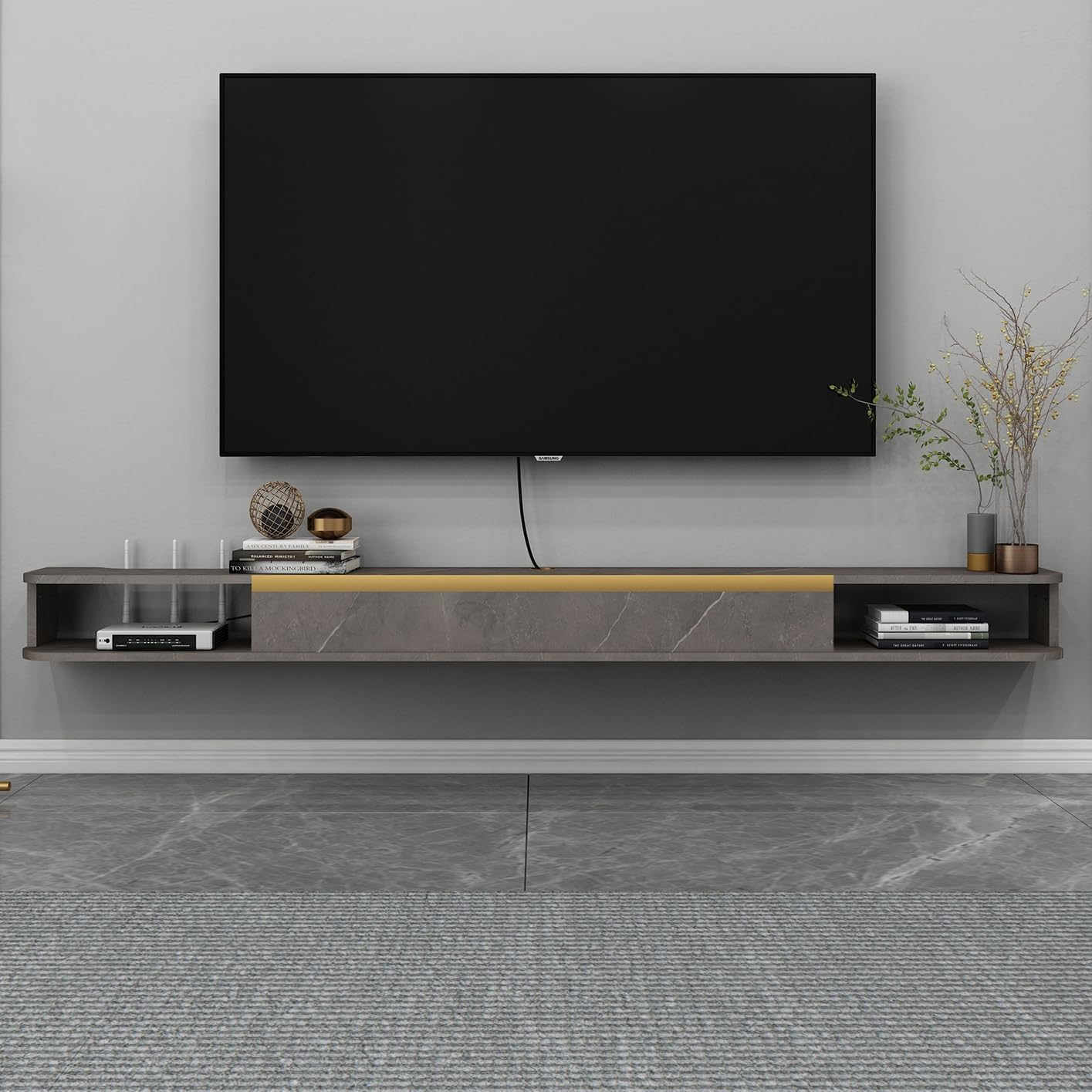 Floating TV Stand, 71'' Wall Mounted Entertainment Center TV Media Console, Floating Shelves with Door, Floating TV Cabinet Large Storage TV Bench for Living Room (Dark Grey, 70.86IN)