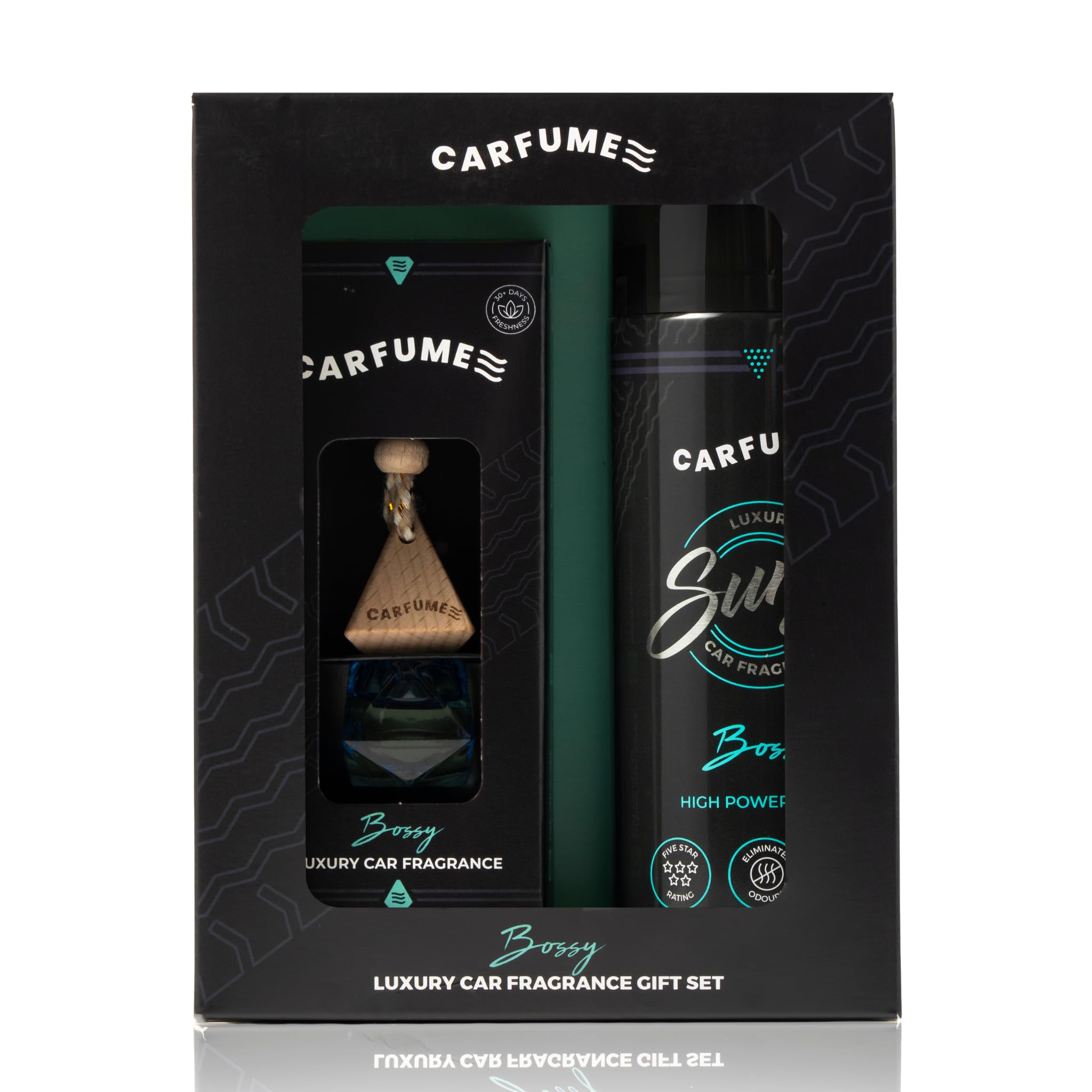 Carfume Bossy Car Air Freshener Gift Set | Original Collection | Premium Woody Sandalwood, Cedar & Citrus Fragrance - Hanging Diffuser & Surge Can - Luxury Blue Car Accessory Gift For Men