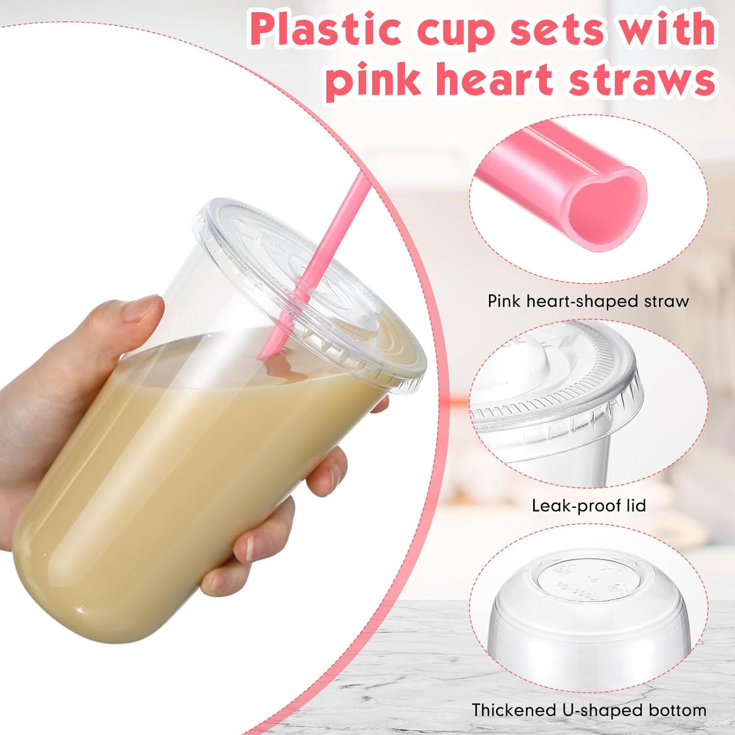 50 Sets Clear Plastic Cups with Heart Shaped Sts and Lids,