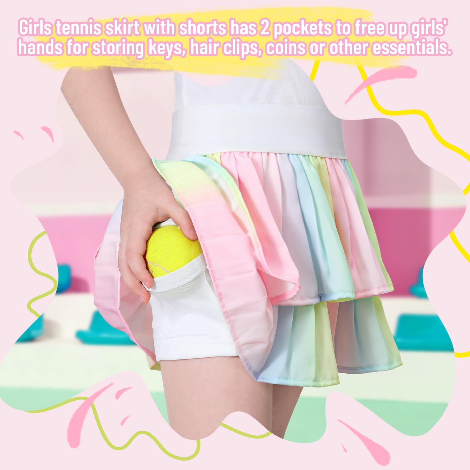 Falda de tenis para niñas con pantalones cortos, falda atlética plisada con bolsillos, cintura alta, falda de animadora para niños, Arco iris, 5-7 Años