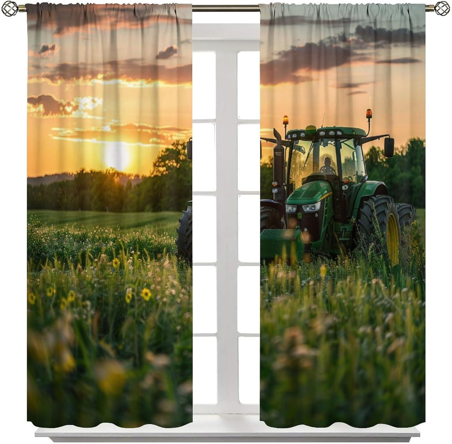Sunset Tractor Blackout Curtains, Car Flower Plant Nature Landscape Home Decor Rod Pocket Window Drapes for Living Room Bedroom - 42" W x 45" L
